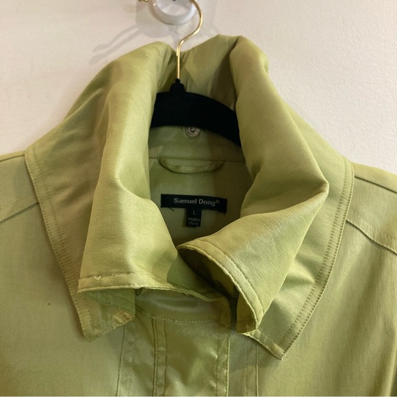 SAMUEL DONG Sz L Bubble Hem High Collar Belted Pockets Buckle At Sleeves Coat - Picture 4 of 11